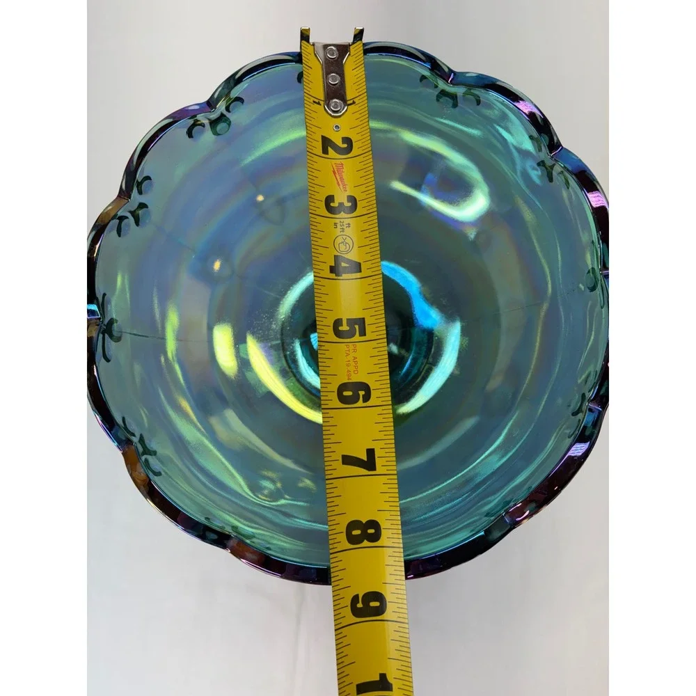Vtg Iridescent Blue Carnival Glass Compote Scalloped Pedestal Candy Dish 7.25